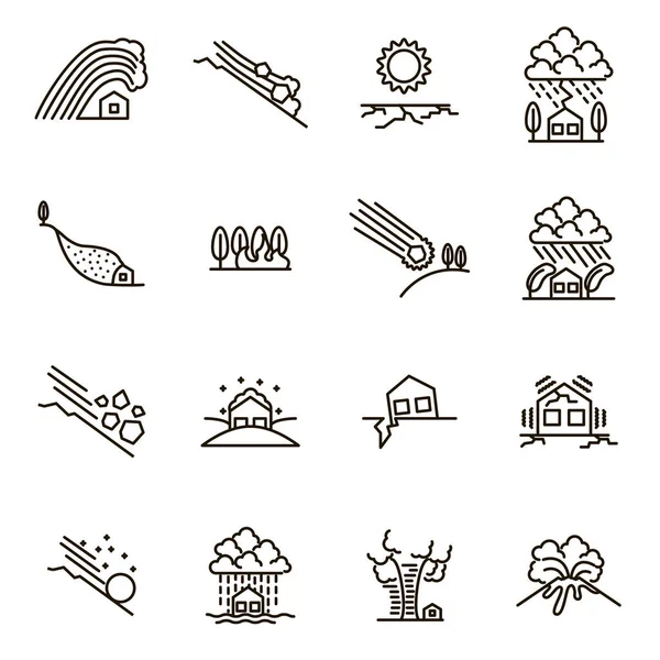 Natural Disaster Signs Black Thin Line Icon Set. Vector — Stock Vector