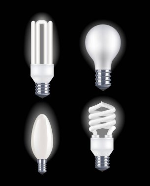 Gerçekçi detaylı floresan ve elektrik ampulü şeffaf bir arka plan üzerinde. Vektör