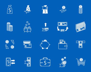 Para Finans Döviz Alım beyaz Icons Set sembolü. Vektör