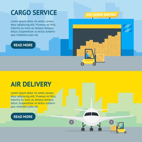 Cartoon Air Cargo Transportation Delivery Service Business Banner Horizontal Set. Vector — Vector de stock