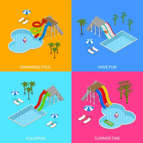 Set di carte Banner Aqua Park Concept Vista isometrica. Vettore — Vettoriale Stock