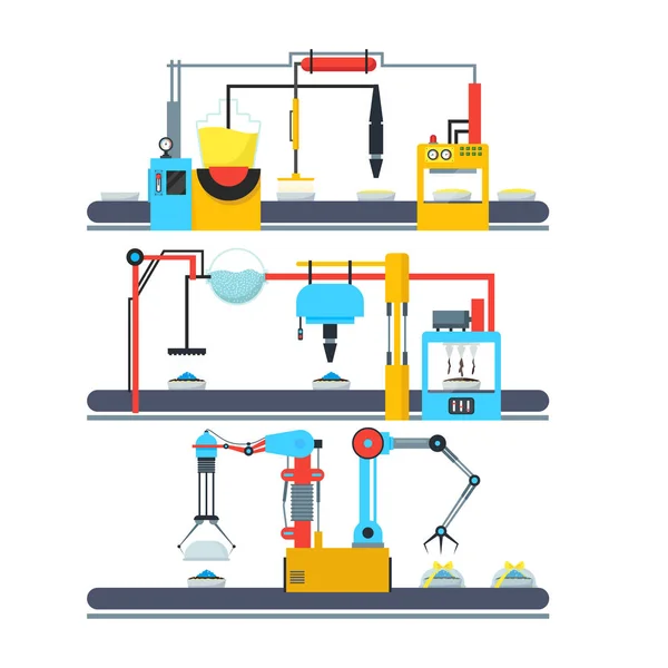 Factory Conveyor Automatic Cakes Production Line. Vector — Stock Vector