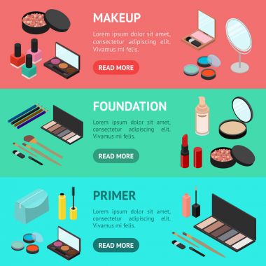 Kozmetik ürünleri afiş yatay ayarlama izometrik görünümü. Vektör