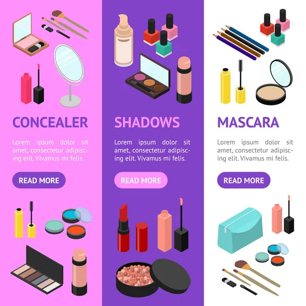 Cosmetische producten Banner Vecrtical Set isometrische weergave. Vector — Stockvector