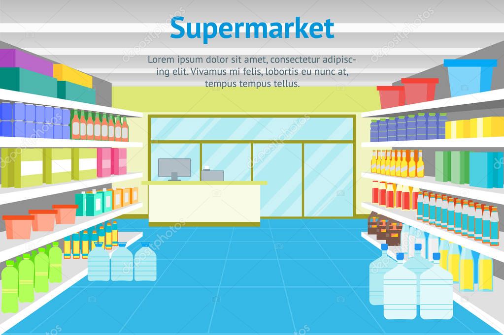 Cartoon Interior Shop or Supermarket with Furniture Card Poster. Vector