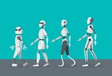 Çizgi film renk Android robotlar kümesi. Vektör