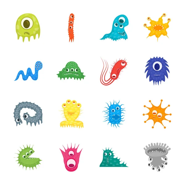 Rajzfilm baktériumok karakterek Icon Set. Vektor — Stock Vector