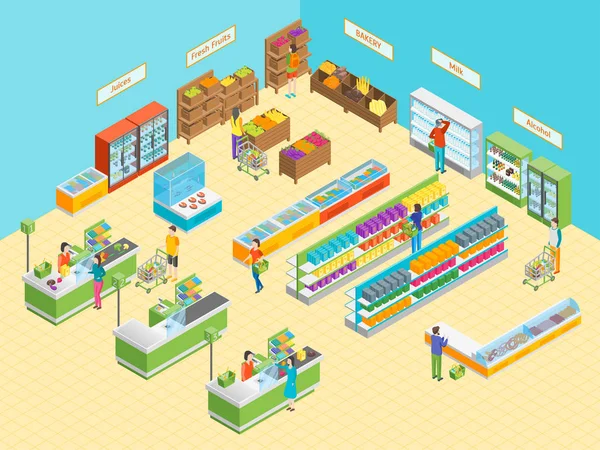 Süpermarket veya salonu iç mobilya izometrik manzaralı. Vektör