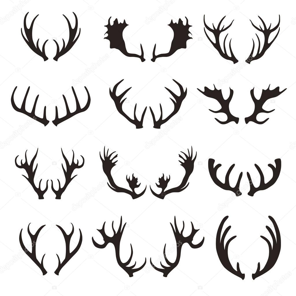 Cartoon Black Silhouette Deer Horns Set. Vector