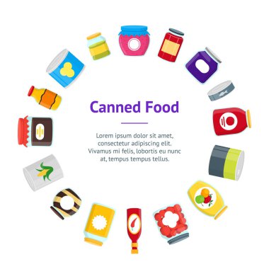 Karikatür konserve ve gıda afiş kartı daire kavanoz. Vektör