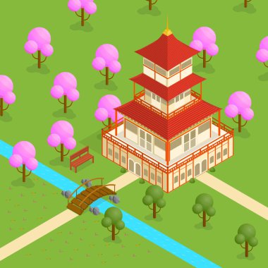 Japon Tapınağı izometrik görünümü. Vektör