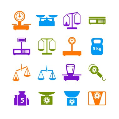 Çizgi film ağırlık ölçekler siluet renk simgeler kümesi. Vektör