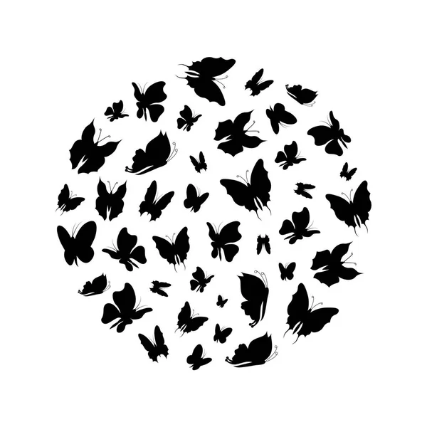 Silhouette svart fluga Flock fjärilar runda formgivningsmall. Vektor — Stock vektor