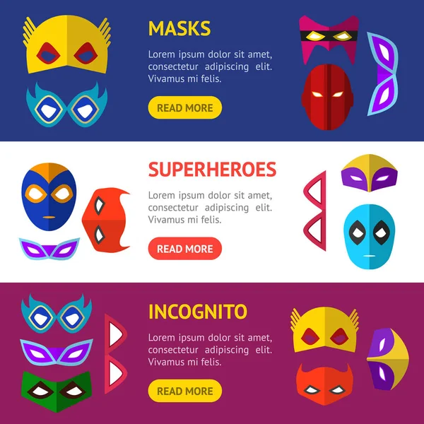 Οριζόντιο σύνολο Banner Μάσκα Υπερήρωα κινουμένων σχεδίων. Διάνυσμα — Διανυσματικό Αρχείο