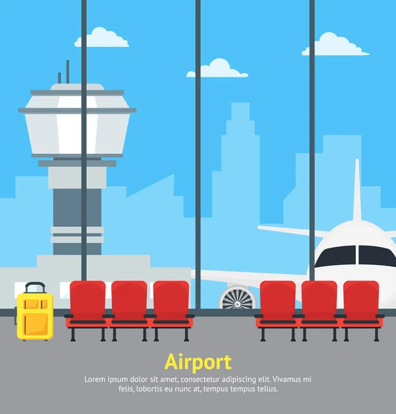 Cartoon luchthaven wachten interieur van Terminal Hall Card Poster. Vector — Stockvector