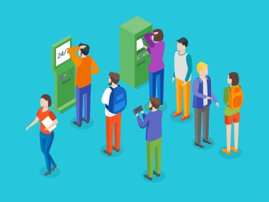 Ödeme terminali ve insanlar kavramı 3d izometrik görünümü. Vektör