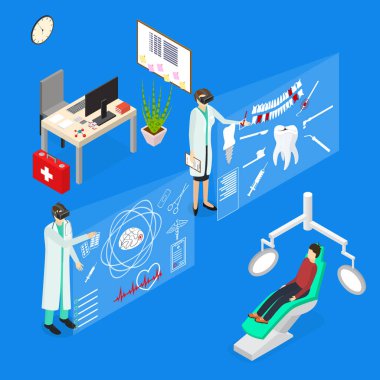 Sanal gerçeklik doktor kavramı 3d izometrik görünümü. Vektör