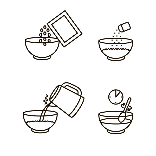 Instrucciones de cocción Harina de avena Black Thin Line Icon Set. Vector — Archivo Imágenes Vectoriales