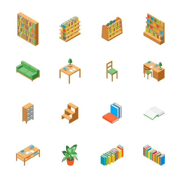 Furniture for Library 3d Icons Set Isometric View. Vector — Stock Vector