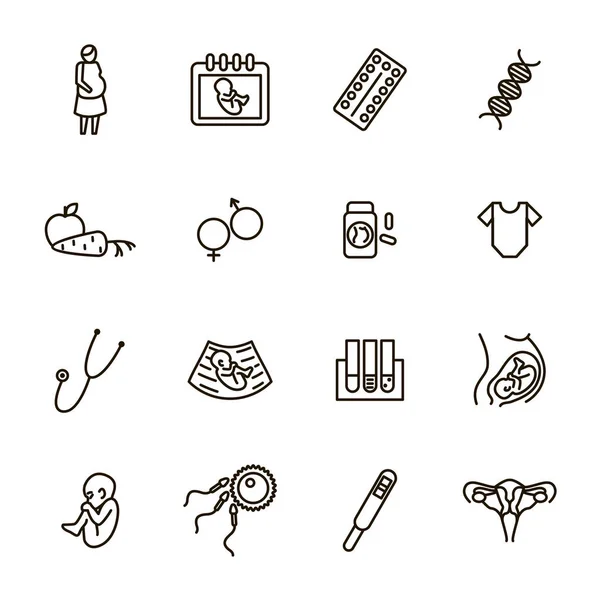 Zwangerschap symptomen zwarte dunne lijn Icon Set. Vector — Stockvector