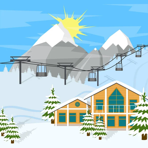 Cartoon Winter Ski Resort Background Card (en inglés). Vector — Archivo Imágenes Vectoriales