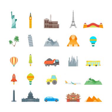 Çizgi film dünya Küre ve bina Icon Set. Vektör