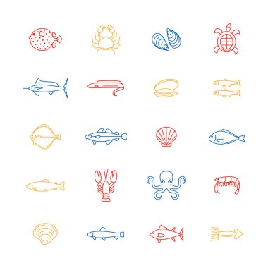 Deniz gıda ince çizgi renk simge seti. Vektör