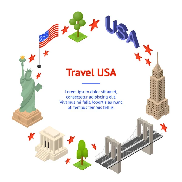 Símbolo de Estados Unidos Banner Card Circle Concept Travel Vista isométrica. Vector — Vector de stock