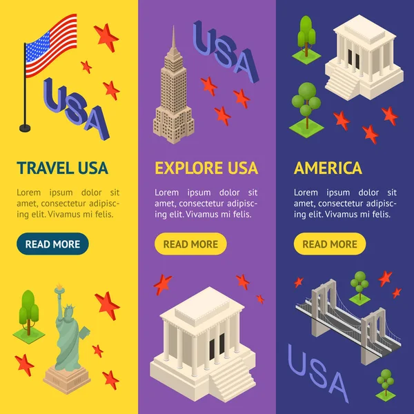 Símbolo de Estados Unidos Banner Vecrtical Set Concept Travel Isomtric View. Vector — Vector de stock