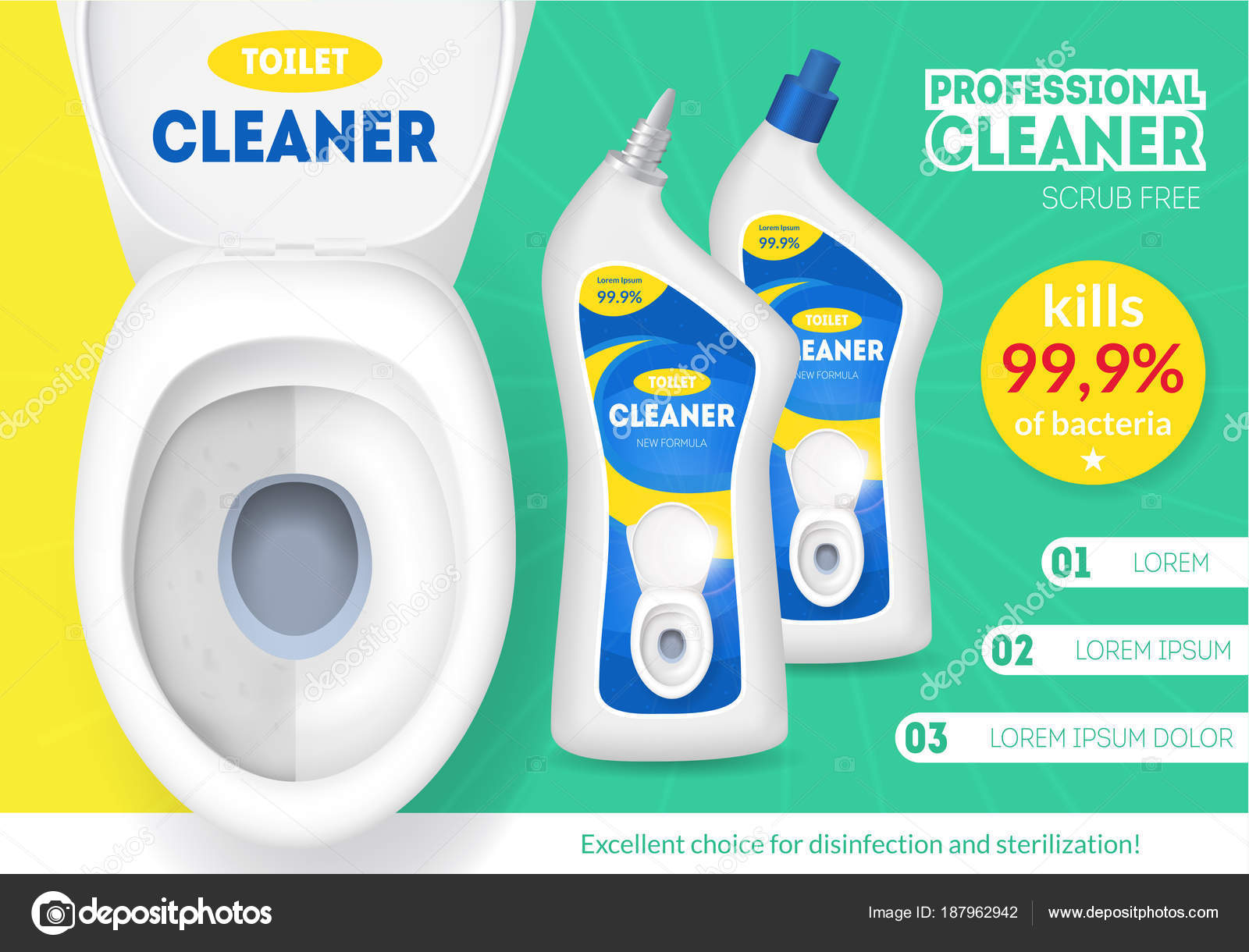 Realistic Detailed 3d White Ceramic Toilet Bowl and Bottles with