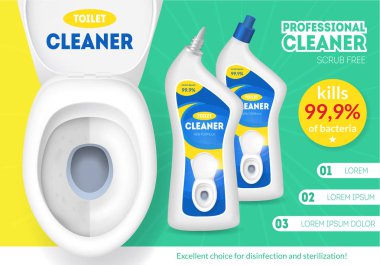 Gerçekçi detaylı 3d beyaz seramik klozet ve şişe temiz reklamları ile. Vektör