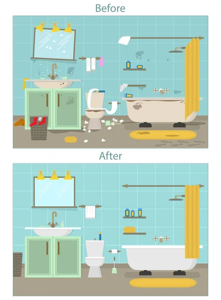 Caricatura sucio organizado y limpio cuarto de baño para la limpieza de la habitación de servicio de la tarjeta de cartel. Vector — Archivo Imágenes Vectoriales