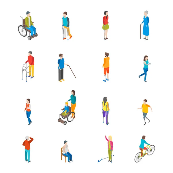 Personajes de personas con discapacidad isométrica Set de iconos. Vector — Vector de stock