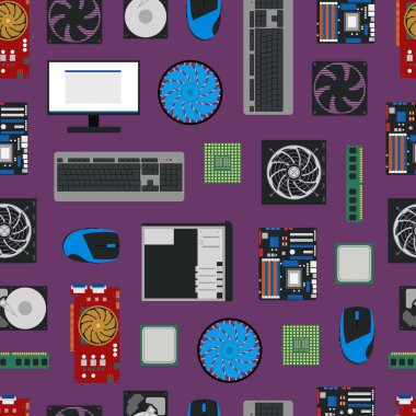 Çizgi film Pc bileşenleri Dikişsiz desen arka plan. Vektör