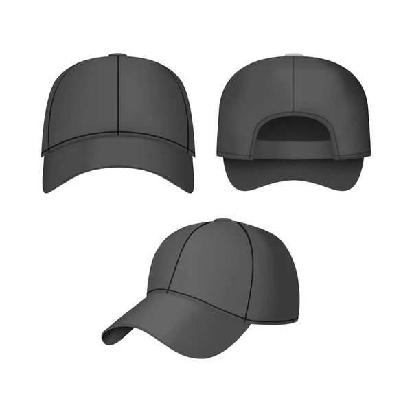 Realista 3d negro conjunto de gorra de béisbol. Vector — Archivo Imágenes Vectoriales