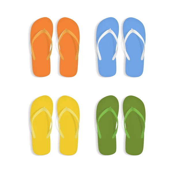 Realista 3d colorido chanclas playa zapatillas sandalias conjunto. Vector — Archivo Imágenes Vectoriales