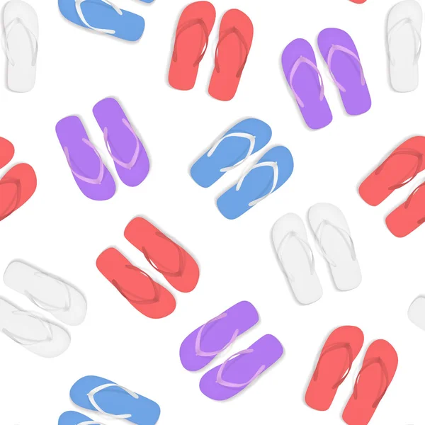 Ρεαλιστική 3d πολύχρωμο Flip Flops παντόφλες σανδάλια χωρίς ραφή πρότυπο φόντο παραλία. Διάνυσμα — Διανυσματικό Αρχείο