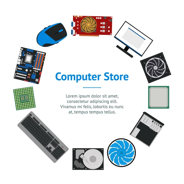 Cartoon PC Components for Computer Store Banner Card Circle. Вектор — стоковый вектор