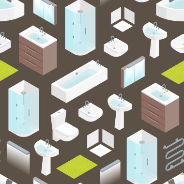 Mobilya banyo iç Dikişsiz desen arka plan izometrik görünümü. Vektör