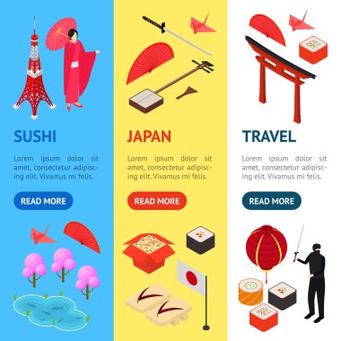 Japonya afiş Vecrtical sembolü izometrik görünümü ayarlayın. Vektör