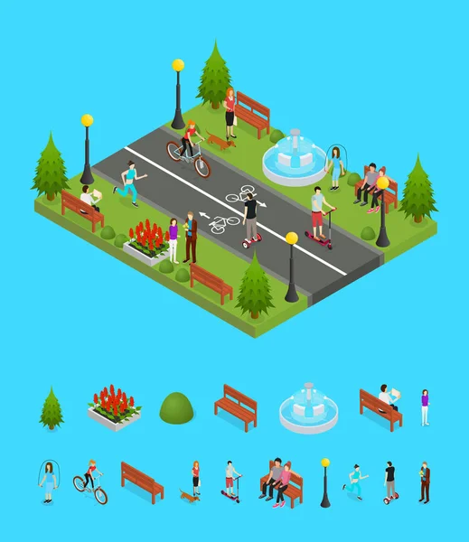 De activiteit van het Park in de stad en elementen deel isometrische weergave. Vector — Stockvector