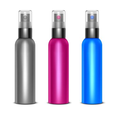 Gerçekçi detaylı 3d boş Sprey şişeleri renk ayarlayın. Vektör