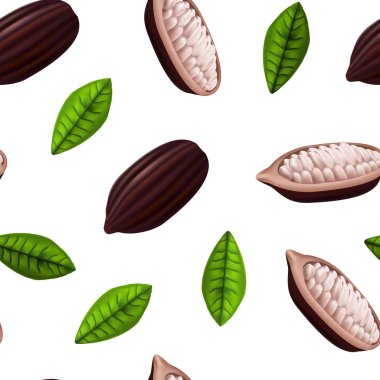 Gerçekçi 3d kakao çekirdekleri Dikişsiz desen arka plan. Vektör