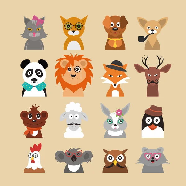 Cartoon Hipster Animaux personnages Icône Set. Vecteur — Image vectorielle