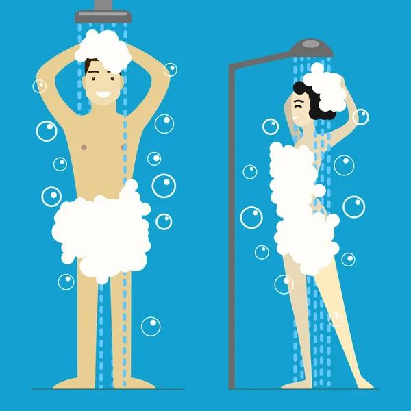 Cartoon Man and Woman Taking Shower. Vecteur — Image vectorielle