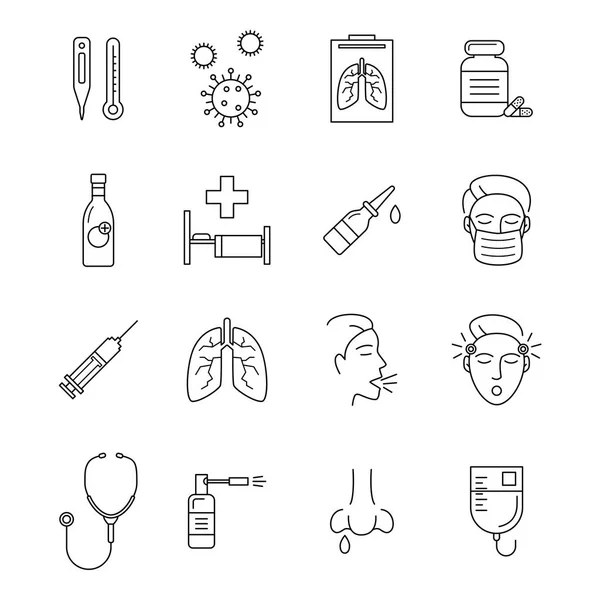 Signos de infección respiratoria Conjunto de iconos Black Thin Line. Vector — Archivo Imágenes Vectoriales