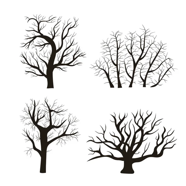 Juego de iconos de árbol negro de silueta de dibujos animados. Vector — Vector de stock