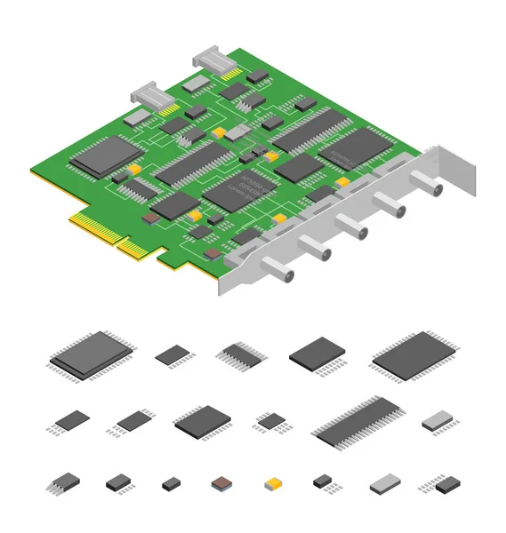 Componentes de placa de circuito electrónico de computadora PC y elementos Parte Vista isométrica. Vector — Vector de stock