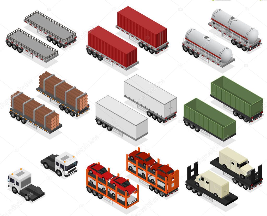 Different Types Trailers 3d Icons Set Isometric View. Vector