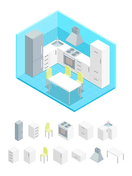 Cocina Interior con Muebles y Elementos Parte Vista Isométrica. Vector — Archivo Imágenes Vectoriales